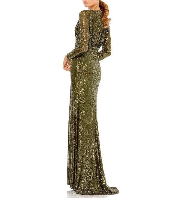 Ieena for Mac Duggal Long Sleeve Deep Surplice V-Neck Sequin Thigh High Slit Gown Product Image