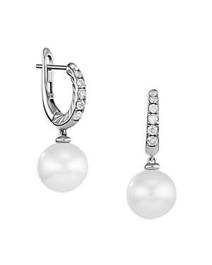 Womens Pearl and Pav Drop Earrings in Sterling Silver with Pearls and Diamonds, 15.6mm Product Image