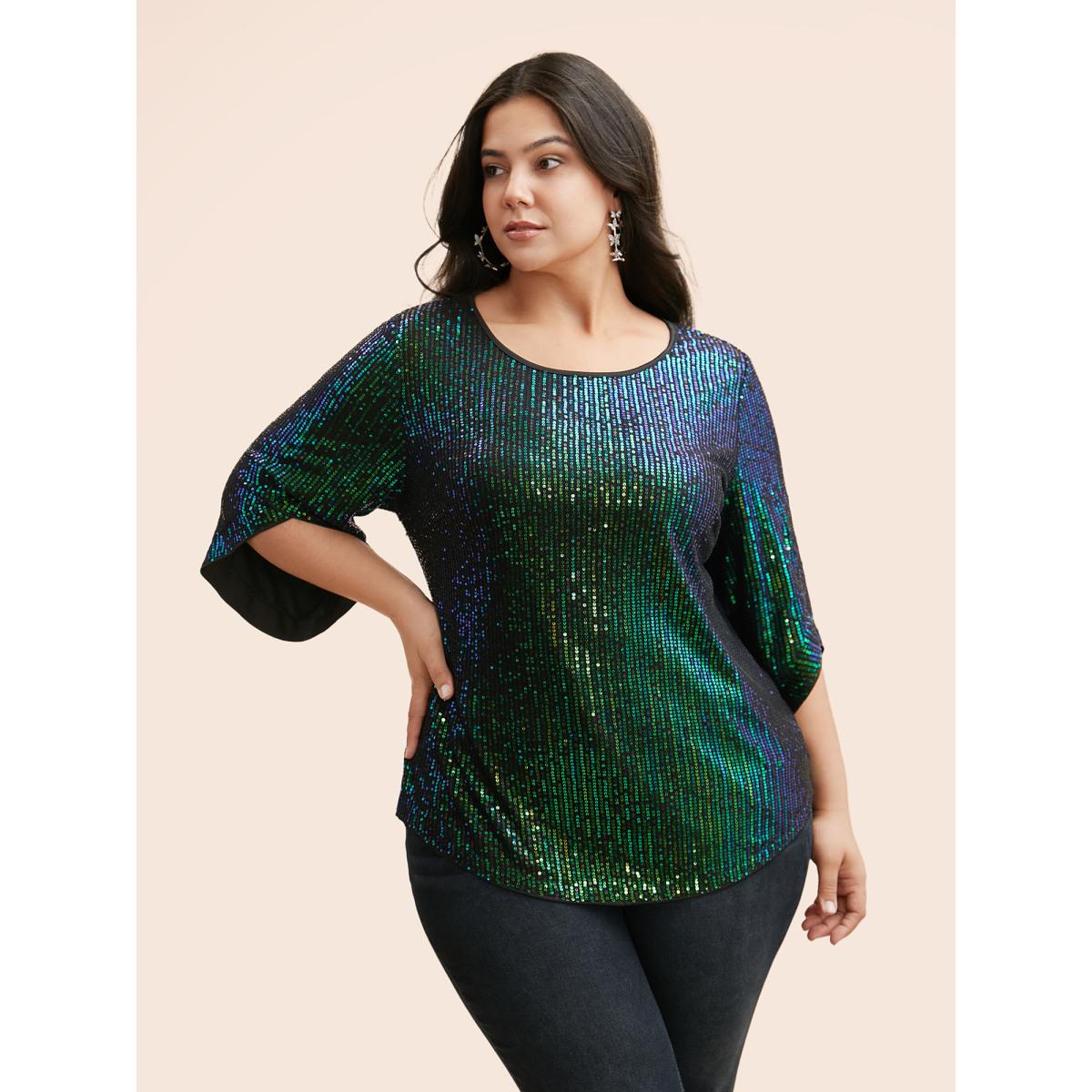 Plus Size DarkGreen Round Neck Sequin Bell Sleeve Blouse Women Cocktail Elbow-length sleeve Round Neck Party Blouses BloomChic 10/M Product Image