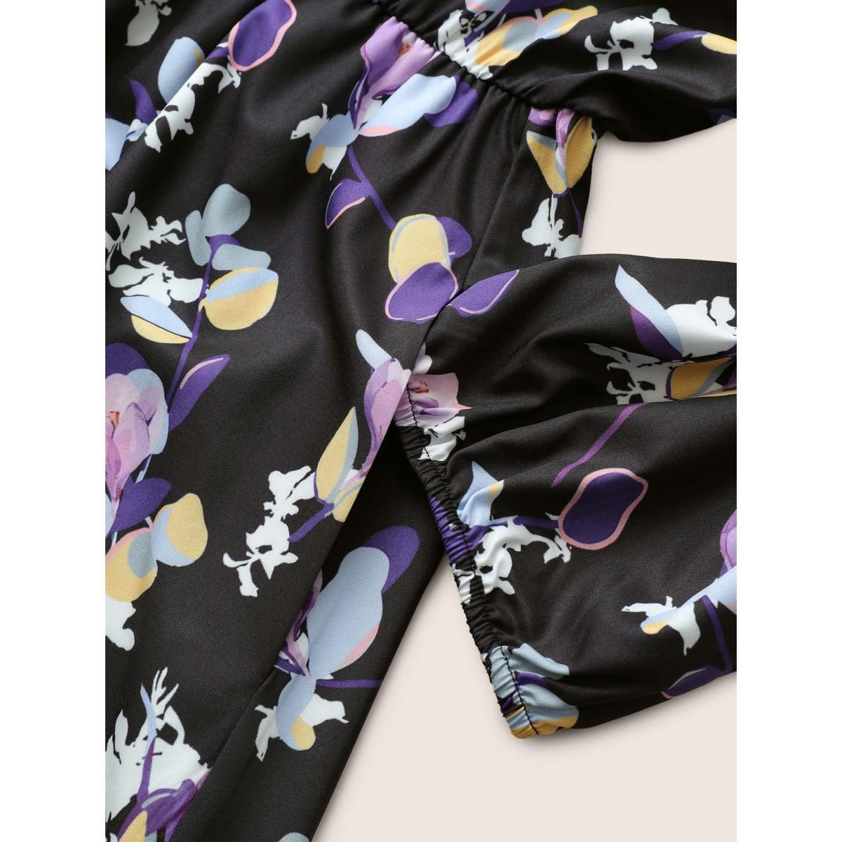 Plus Size Floral Wrap Elastic Waist Lantern Sleeve Cropped Dress Black Women Elegant Non Overlap Collar Elbow-length sleeve Curvy Midi Dress BloomChic 22-24/3X Product Image