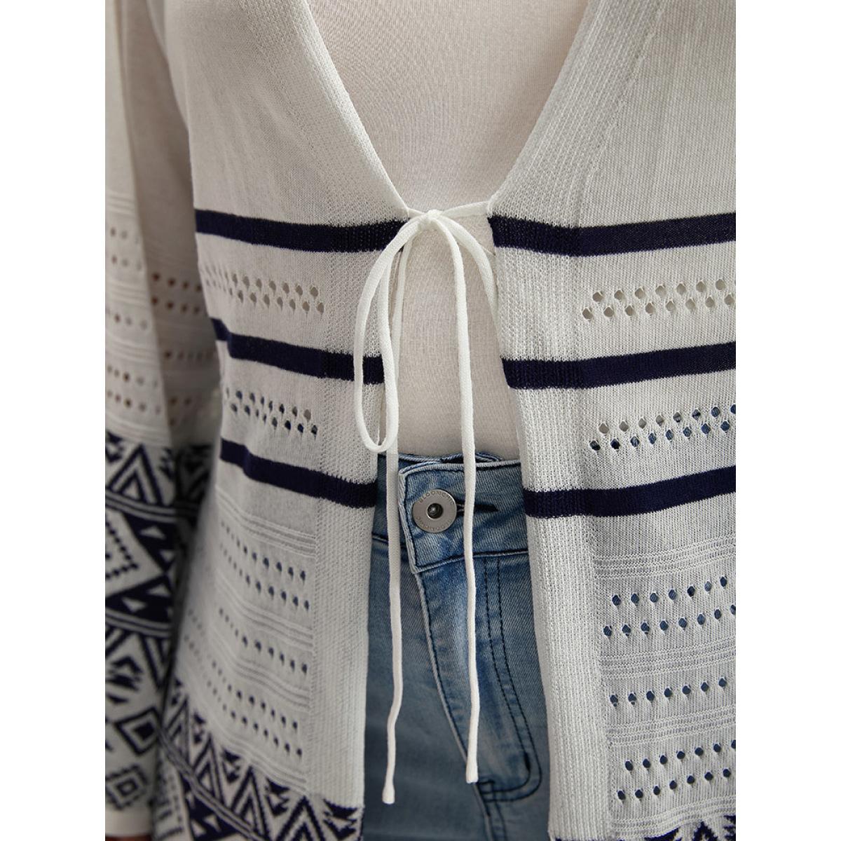 Plus Size Bandana Print Geo Eyelet Ties Front Cardigan WhiteSmoke Women Casual Loose Long Sleeve Everyday Cardigans BloomChic 18-20/2X Product Image