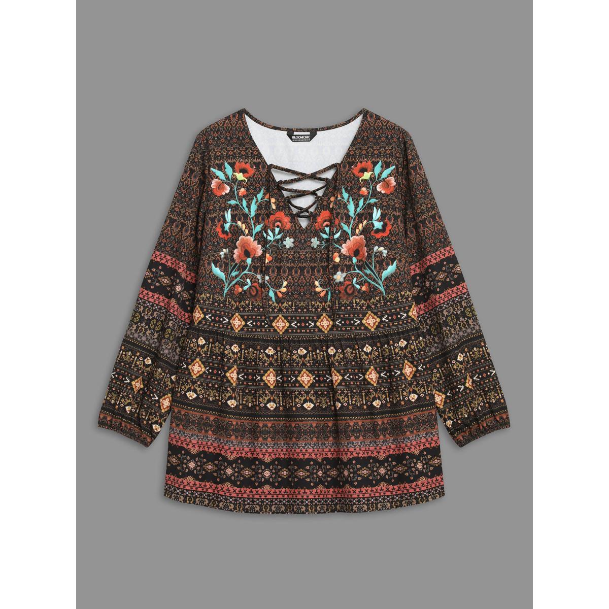 Plus Size DarkBrown Floral Bandana Crisscross Blouse Women Resort Extra Long Sleeve V-neck Vacation Blouses BloomChic 22-24/3X Product Image