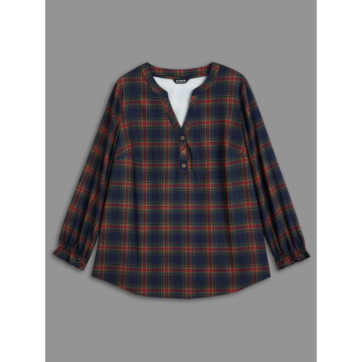 Plus Size Multicolor Plaid Pattern Notched Collar Slim-Fit Blouse Women Casual Long Sleeve Notched collar Everyday Blouses BloomChic 10/M Product Image