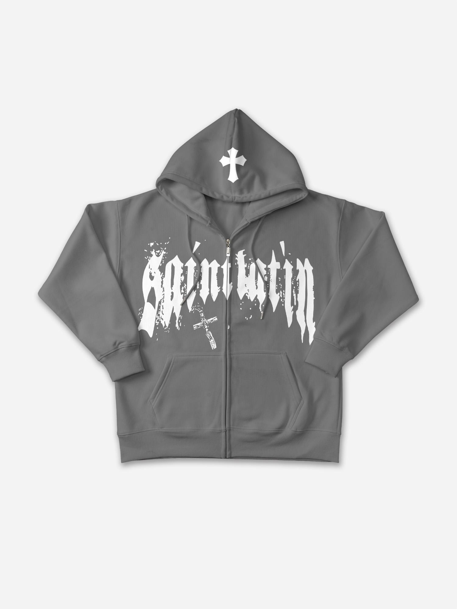 Men's Oversized Y2k Trendy Cross Graphic Zip-Up Hoodie Product Image