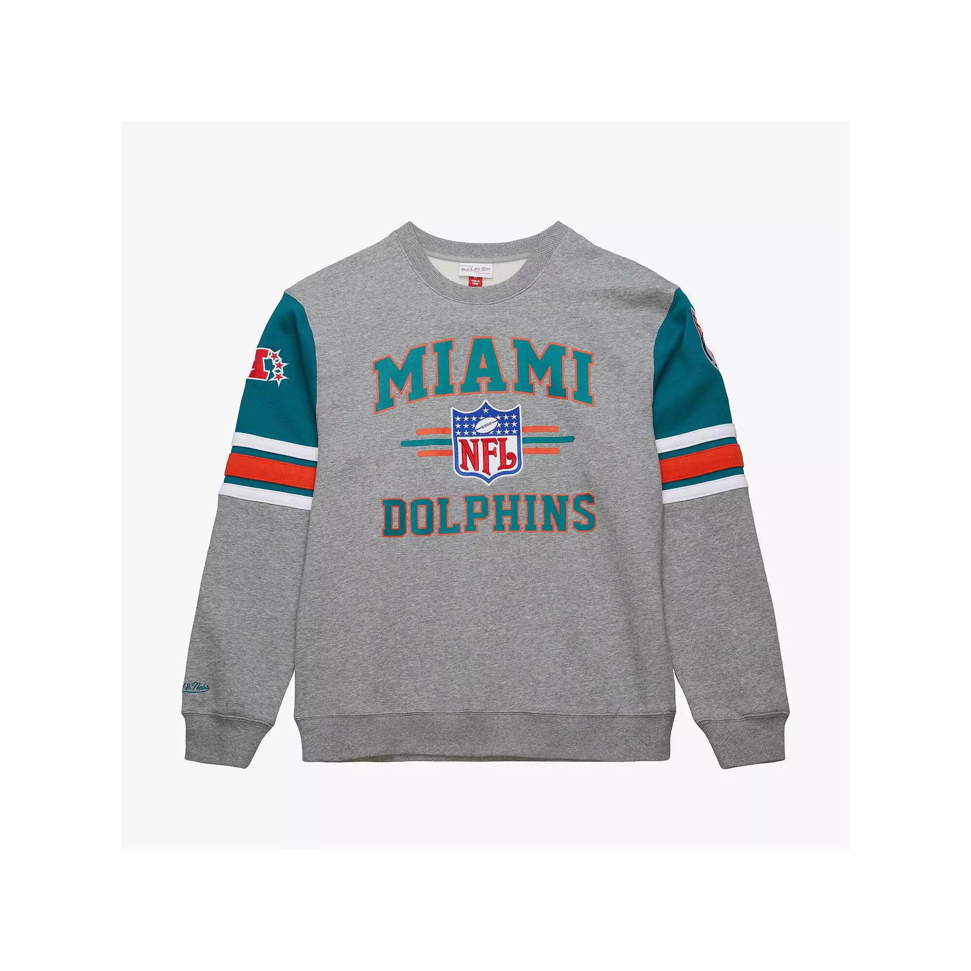 Men's Mitchell & Ness Heather Gray Miami Dolphins All Over 4.0 Vintage Logo Pullover Sweatshirt,  Product Image