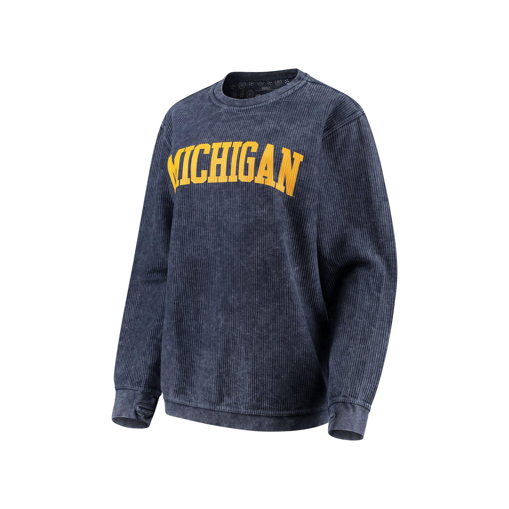 Women's Pressbox Navy Michigan Wolverines Comfy Cord Vintage Wash Basic Arch Pullover Sweatshirt,  Product Image