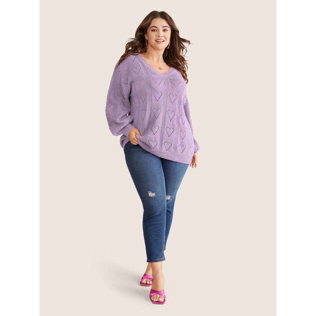 Plus Size Solid Heart Pointelle Lantern Sleeve Pullover Lilac Women Elegant Long Sleeve V-neck Everyday Pullovers BloomChic 28/5X Product Image