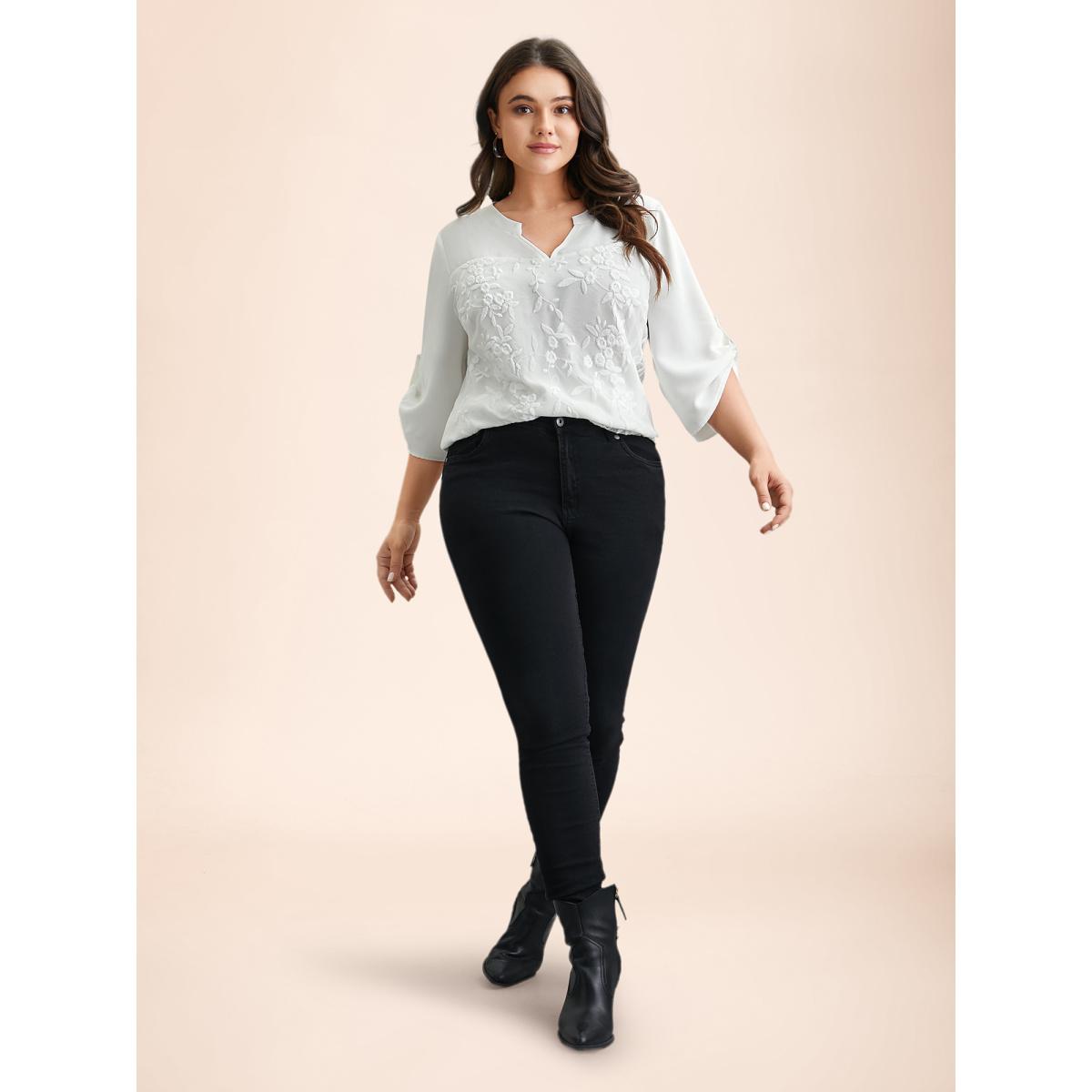 Plus Size WhiteSmoke Lace Patchwork Gathered Tab Sleeve Shirt Women Casual Elbow-length sleeve Notched collar Everyday Blouses BloomChic 30/6X Product Image