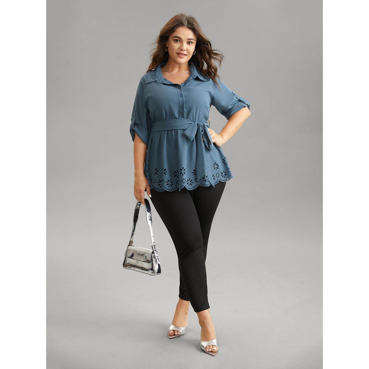 Plus Size Stone Static-Free Laser Cut Belted Scalloped Trim Blouse Women Office Long Sleeve Shirt collar Office Blouses BloomChic 10/M Product Image