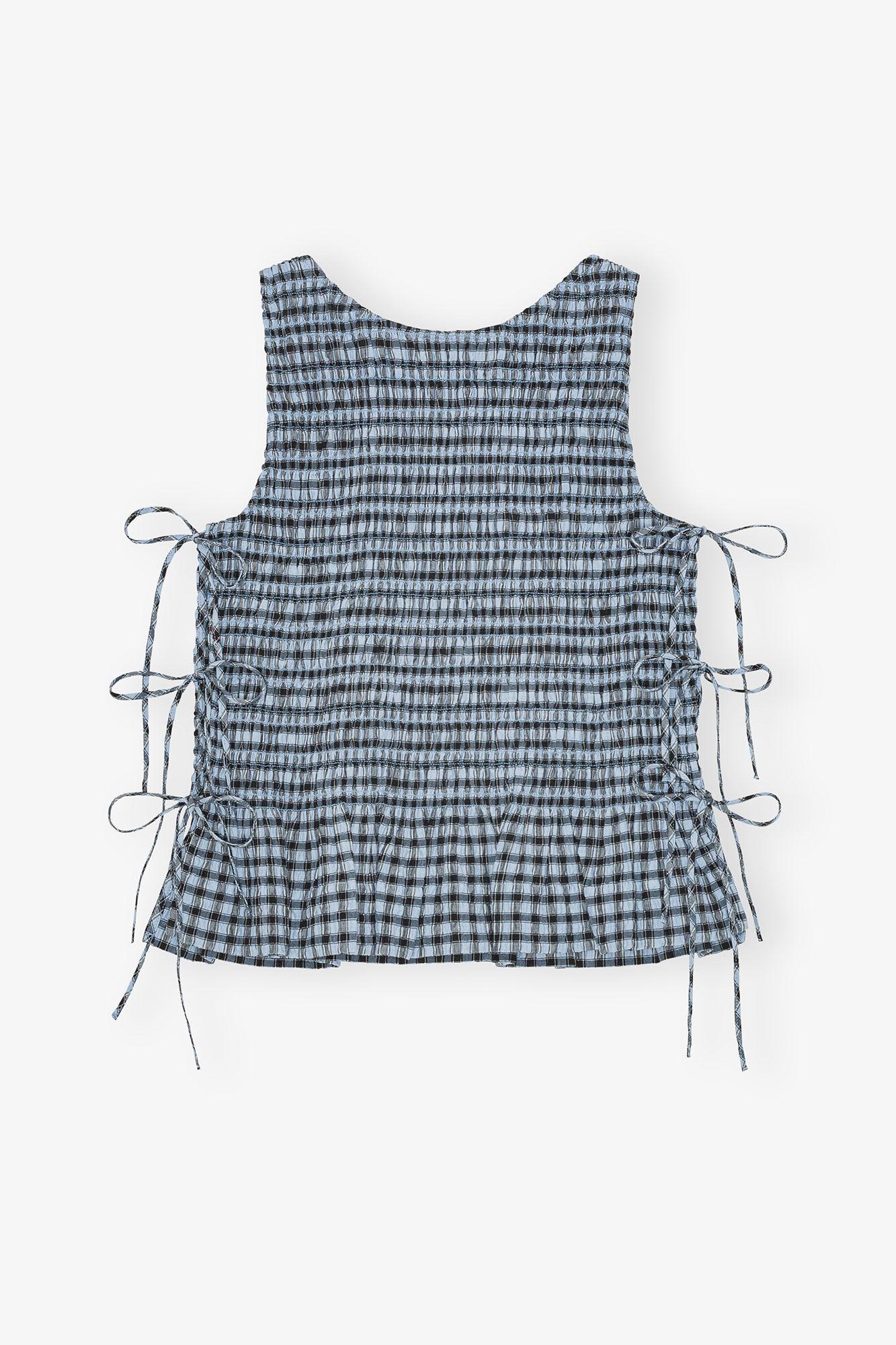 Blue Seersucker Check Smock Tie String Top Product Image