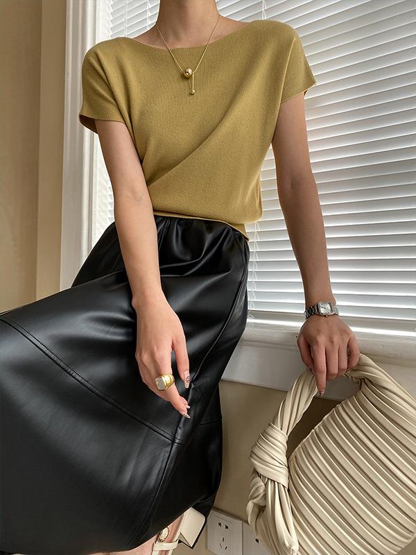 Stylish Loose Solid Color Boat Neck Knitwear Pullovers Tops Product Image