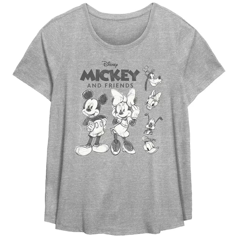 Disney's Mickey Mouse And Friends Black And White Sketches Plus Size Flowy Graphic Tee, Women's, Size: 5XL, Grey Gray Product Image
