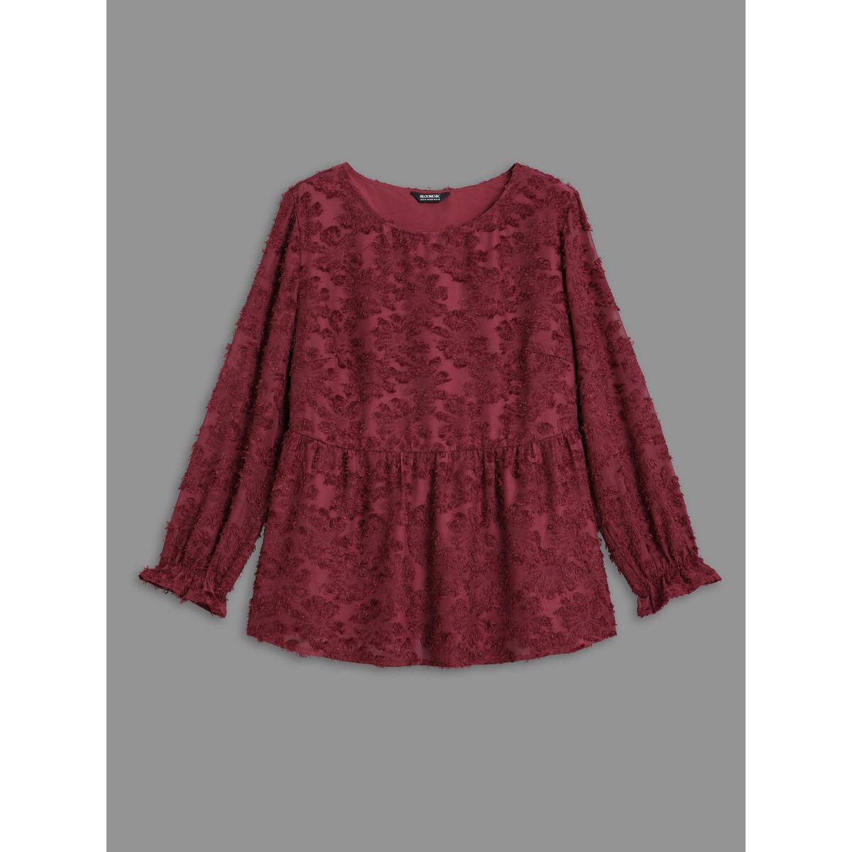 Plus Size Scarlet Round Neck Jacquard Plisse Ruched Blouse Women Elegant Long Sleeve Round Neck Everyday Blouses BloomChic 30/6X Product Image