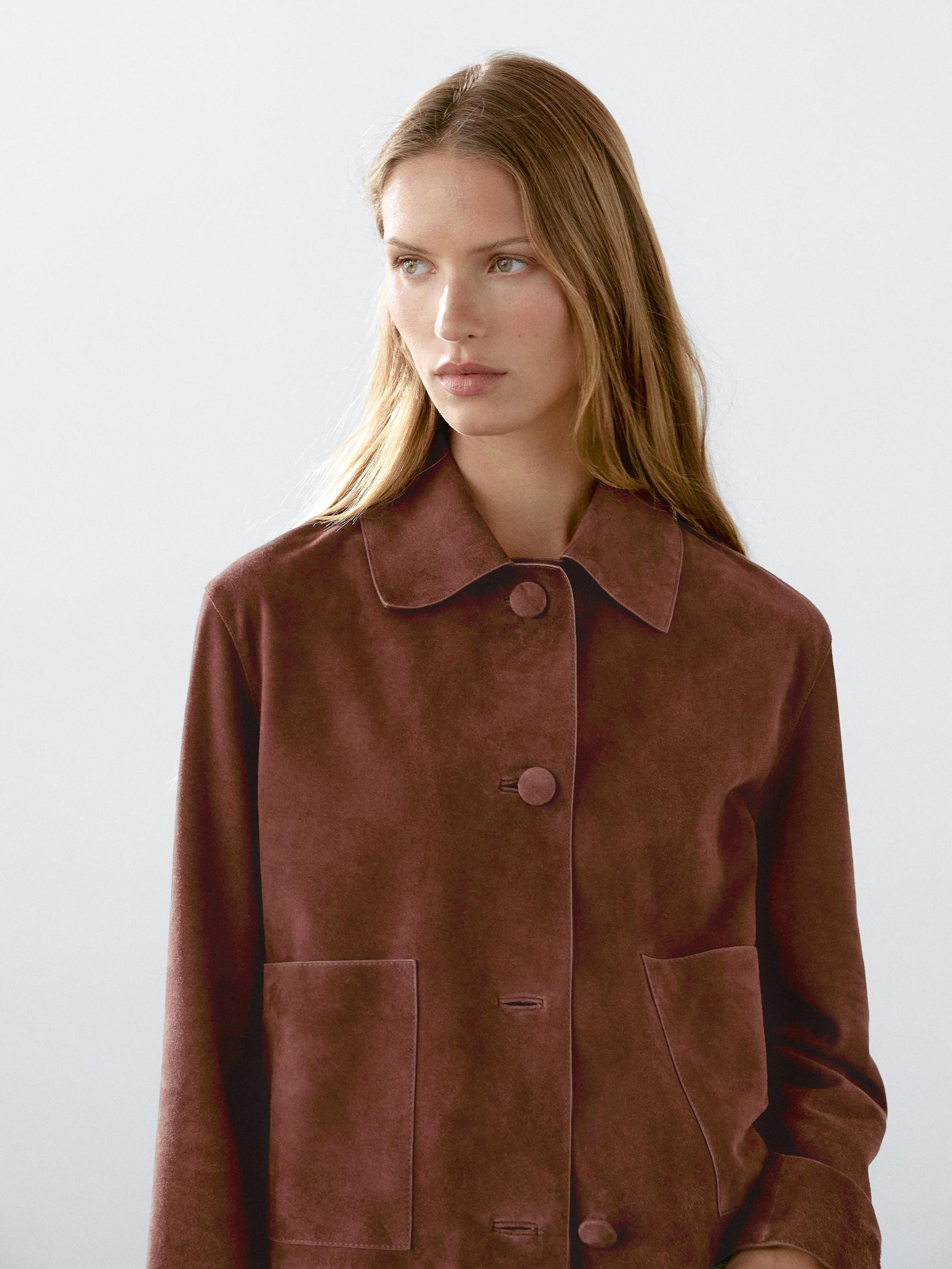 Cropped suede leather-lined jacket with buttons Product Image