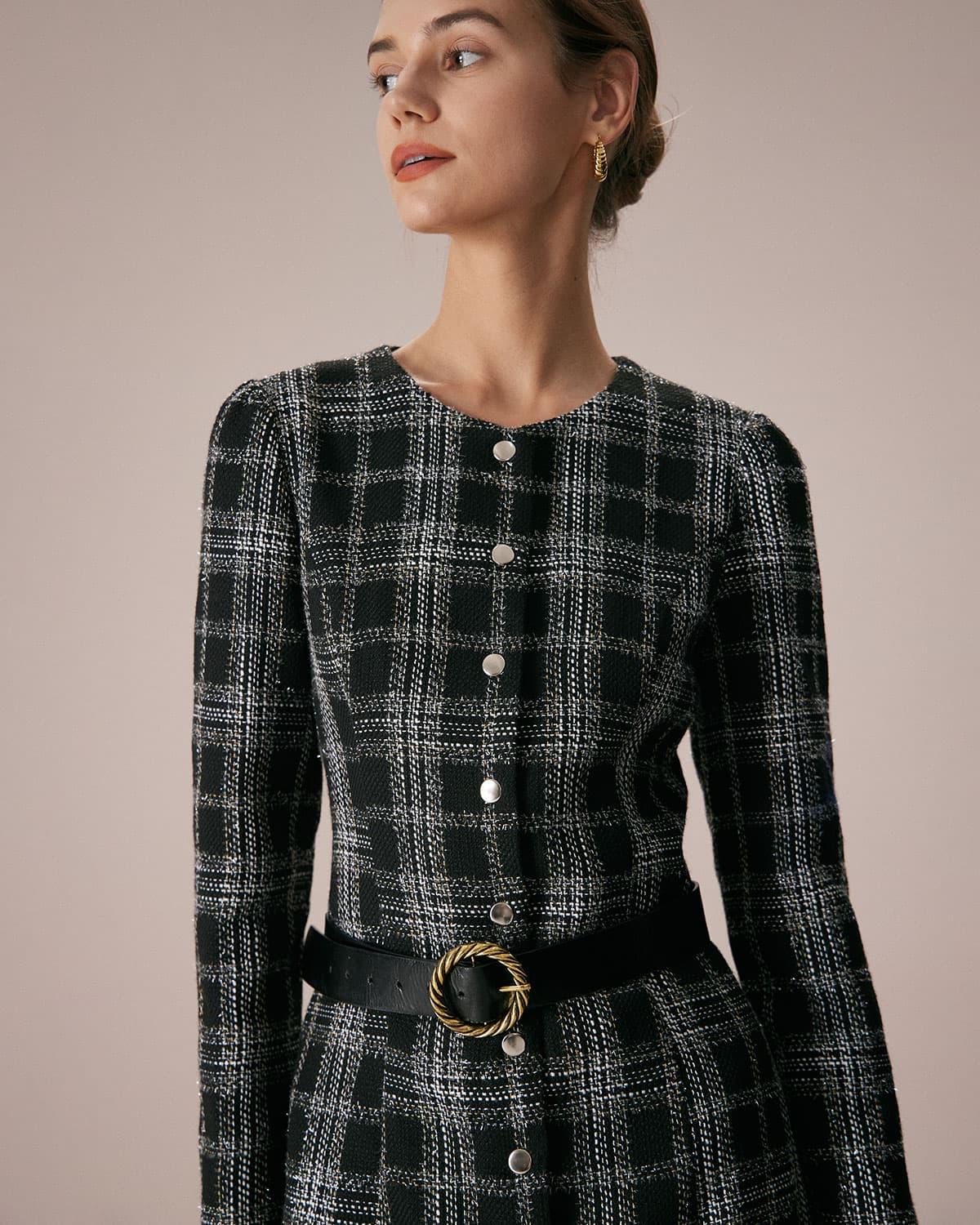 The Black Crew Neck Plaid A-Line Mini Dress Product Image