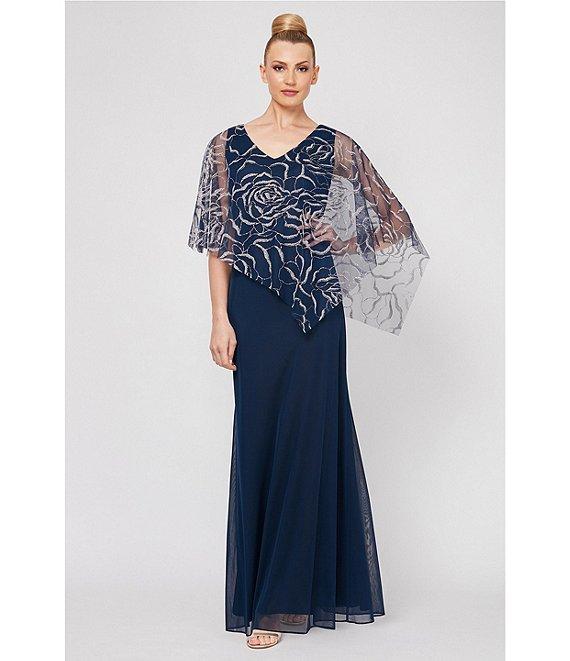 Ignite Evenings 3/4 Sleeve Asymmetrical Glitter Mesh Capelet V-Neck Jersey Gown Product Image