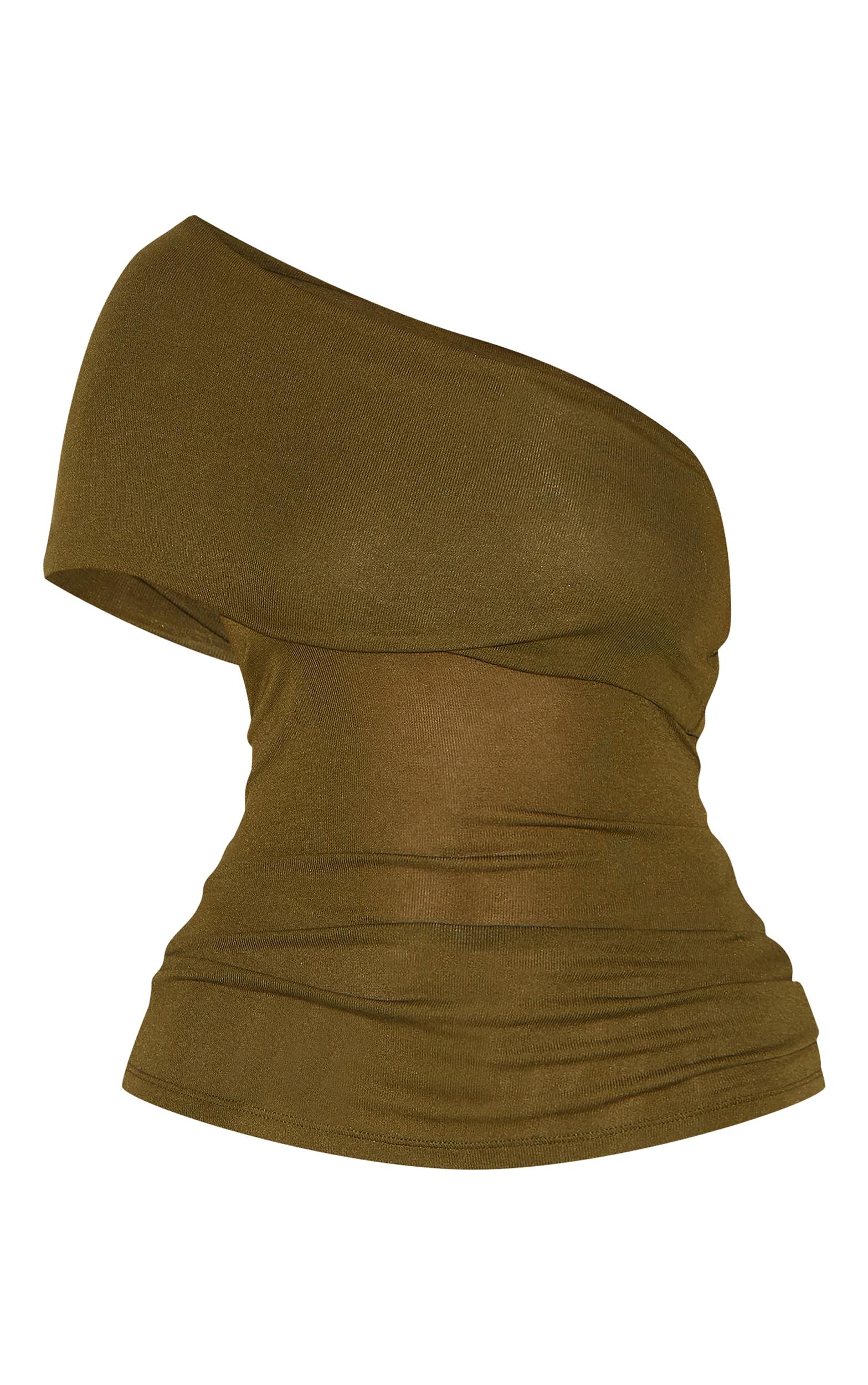 Olive Sheer Soft Touch Fold Over Detail One Shoulder Long Top Product Image
