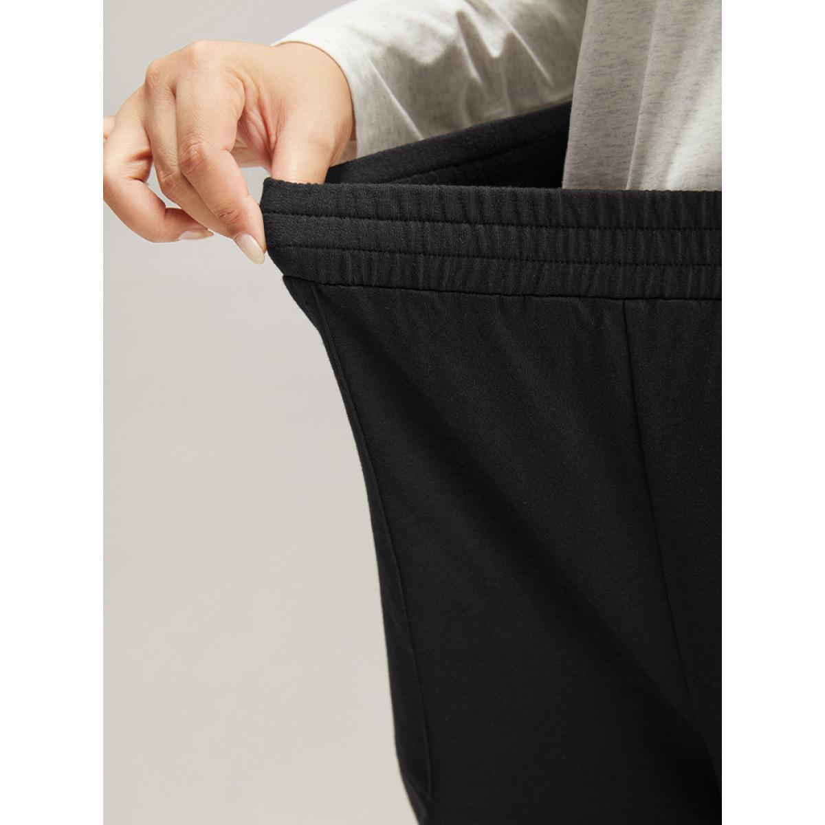 Plain Elastic Waist Button Detail Sweatpant Black Plus Size Women Casual Dailywear Plain 10/M Bloomchic Product Image