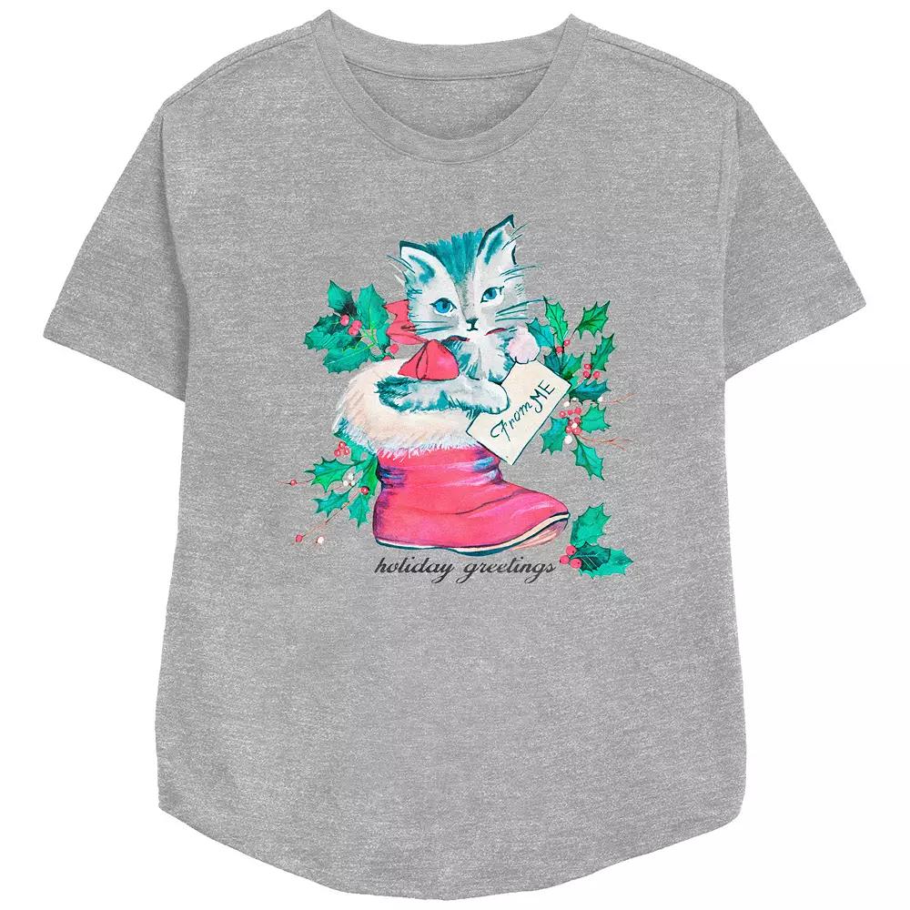 Women's Holiday Greetings Christmas Kitty Stocking Stuffer Relaxed Fit Graphic Tee,  Product Image