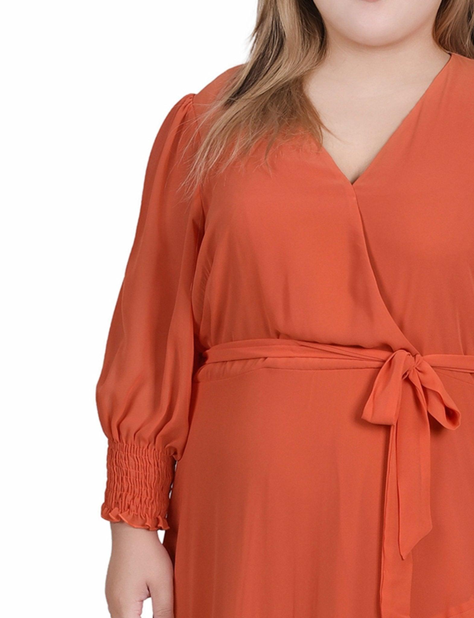 Orange Rust 3/4 Sleeve Belted Chiffon Hankerchief Hem Dress - Plus Product Image