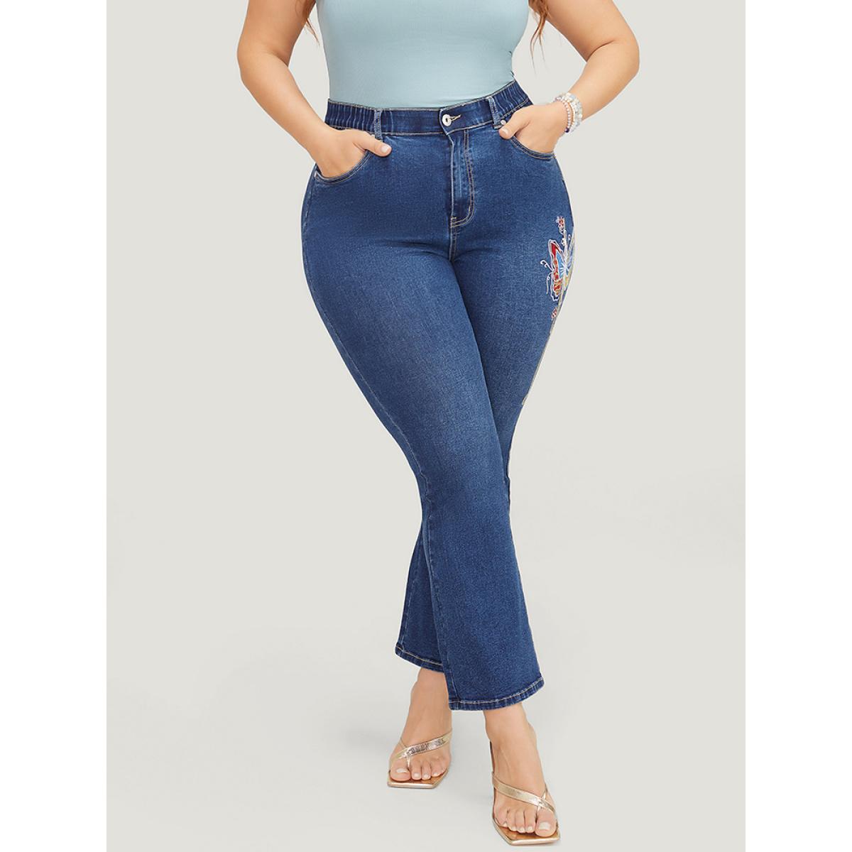 Plus Size Butterfly Embroidered Moderately Stretchy High Rise Dark Wash Bootcut Jeans Women Blue Elegant Plain Embroidered Medium stretch Pocket Jeans BloomChic 16/1X Product Image