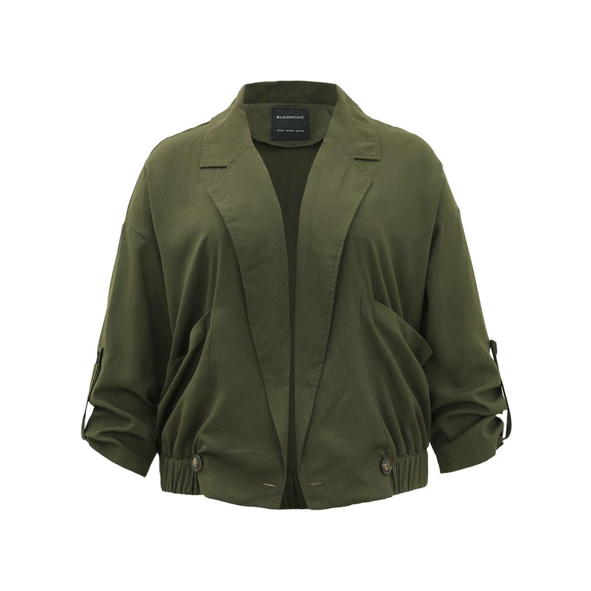 Plus Size Lapel Collar Solid Gathered Tab Sleeve Jacket Women ArmyGreen Plain Pocket Dailywear Jackets BloomChic 12/L Product Image