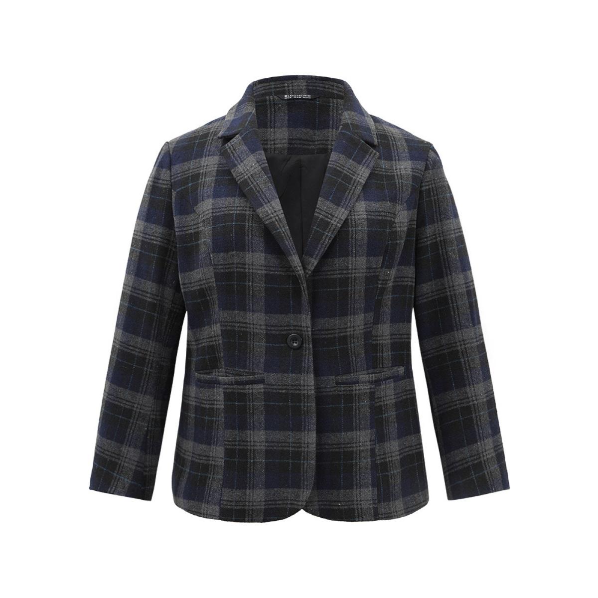 Plus Size Plaid Button Up Suit Collar Blazer Midnight Women Dailywear Plaid Lined Sleeve Long Sleeve Suit Collar 22-24/3X Pocket Casual Blazers BloomChic Product Image