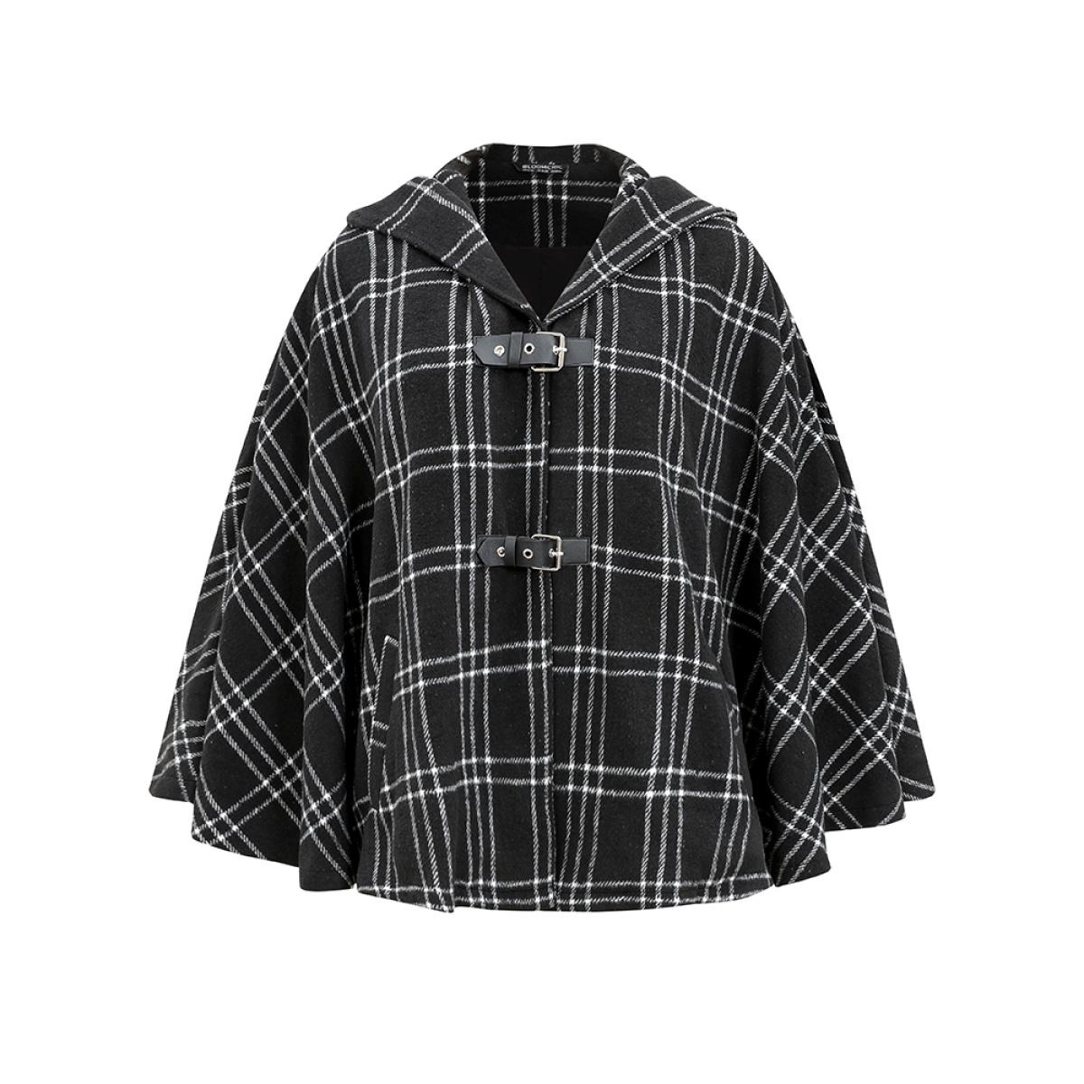 Plus Size Plaid Buckle Detail Pocket Hooded Cape Coat Women Black Casual Contrast Loose Ladies Dailywear Winter Coats BloomChic 28/5X Product Image