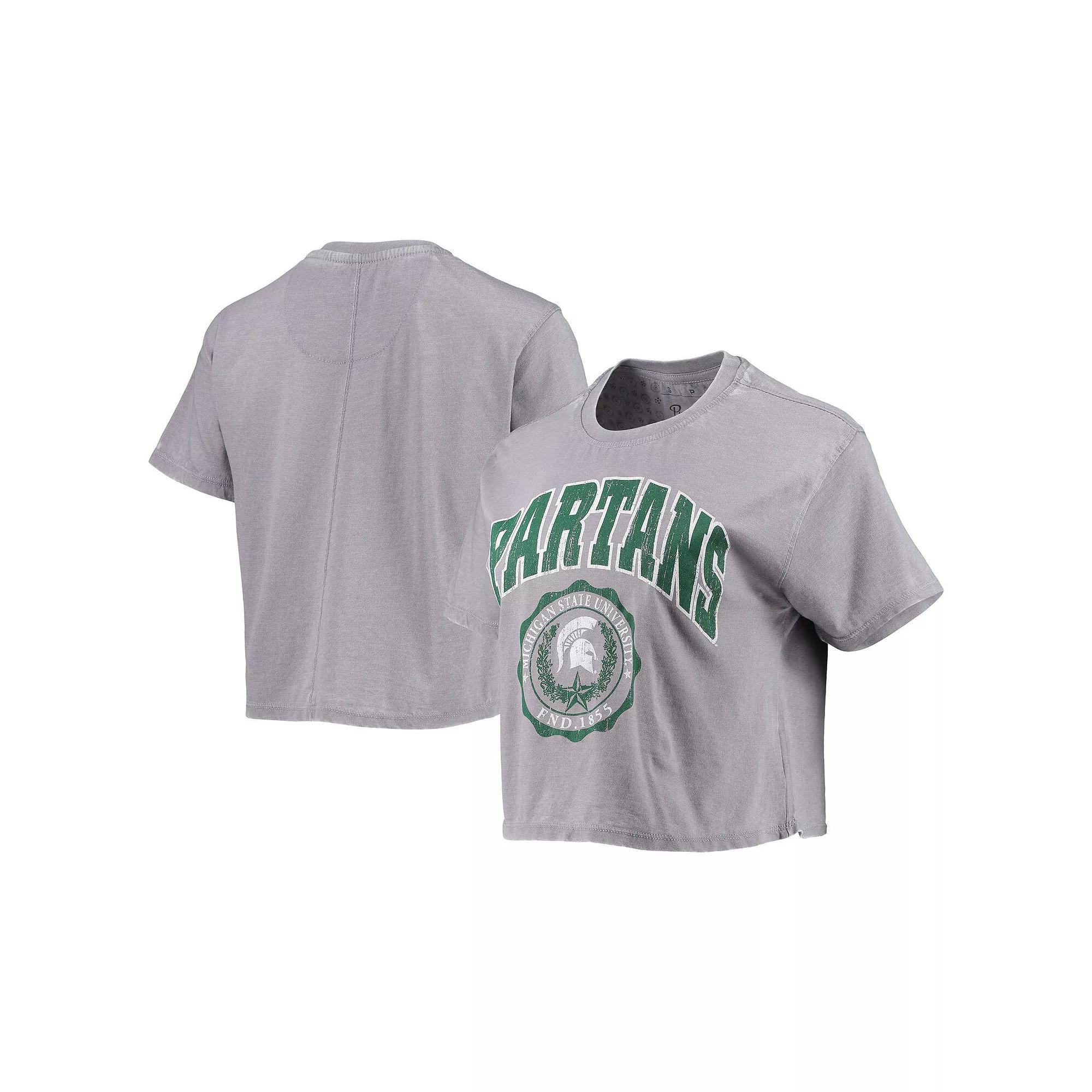 Women's Pressbox Heathered Gray Michigan State Spartans Edith Vintage Burnout Crop T-Shirt,  Product Image