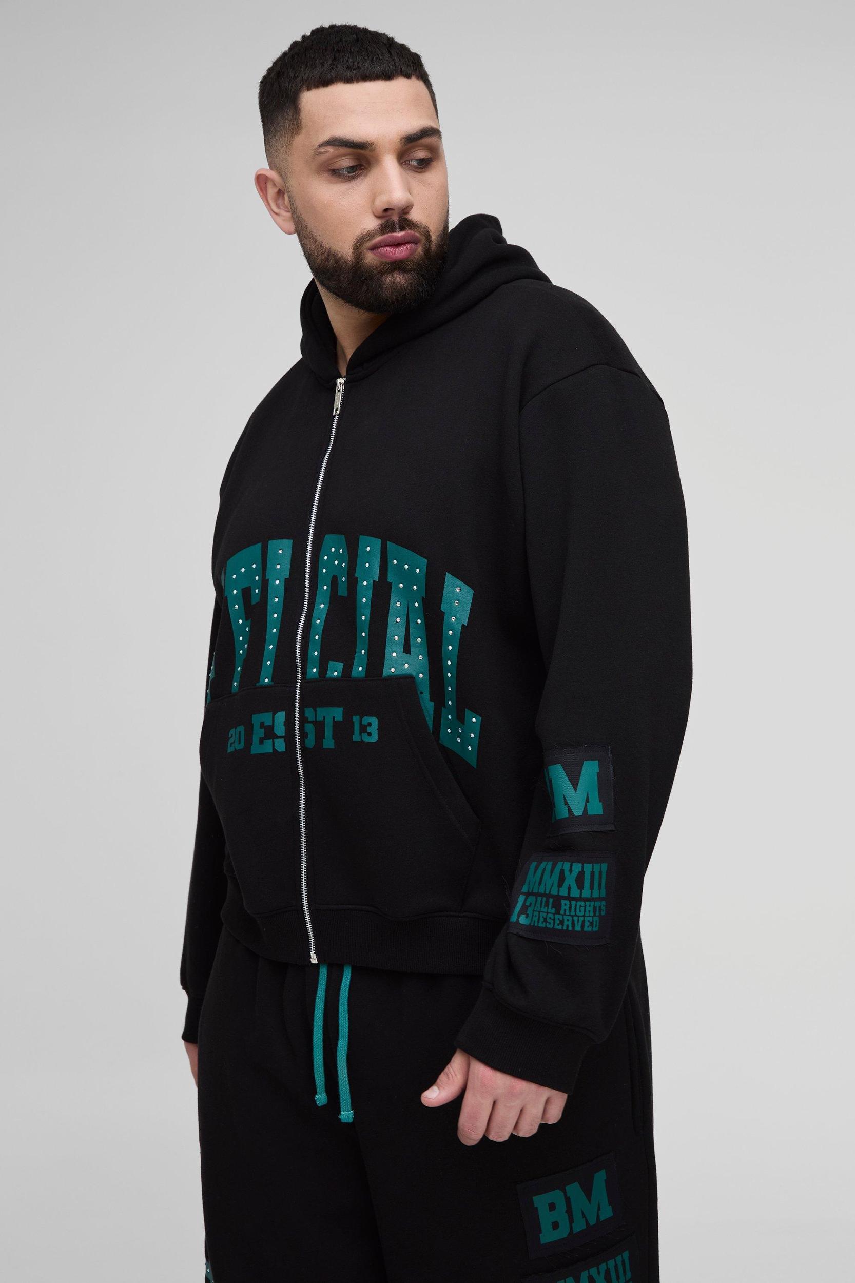 Plus Oversized Boxy Zip Thru Rhinestone Applique Hooded Tracksuit | boohooMAN USA Product Image