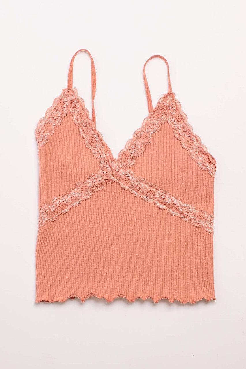 Peach Seamless Lace Trim Crop Cami Product Image