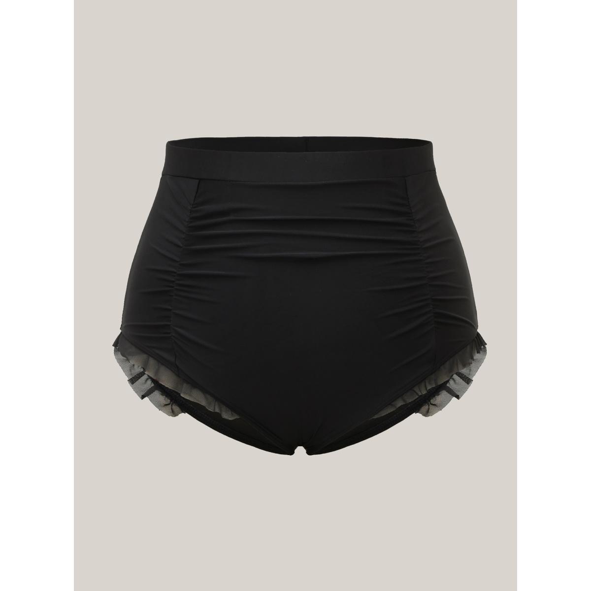Plus Size Ruched Mesh Seamed Ruffle Trim Swim Bottoms Women's Swimwear Black Resort Gathered High stretch Skinny High Rise Curve Swim Bottoms BloomChic 26/4X Product Image