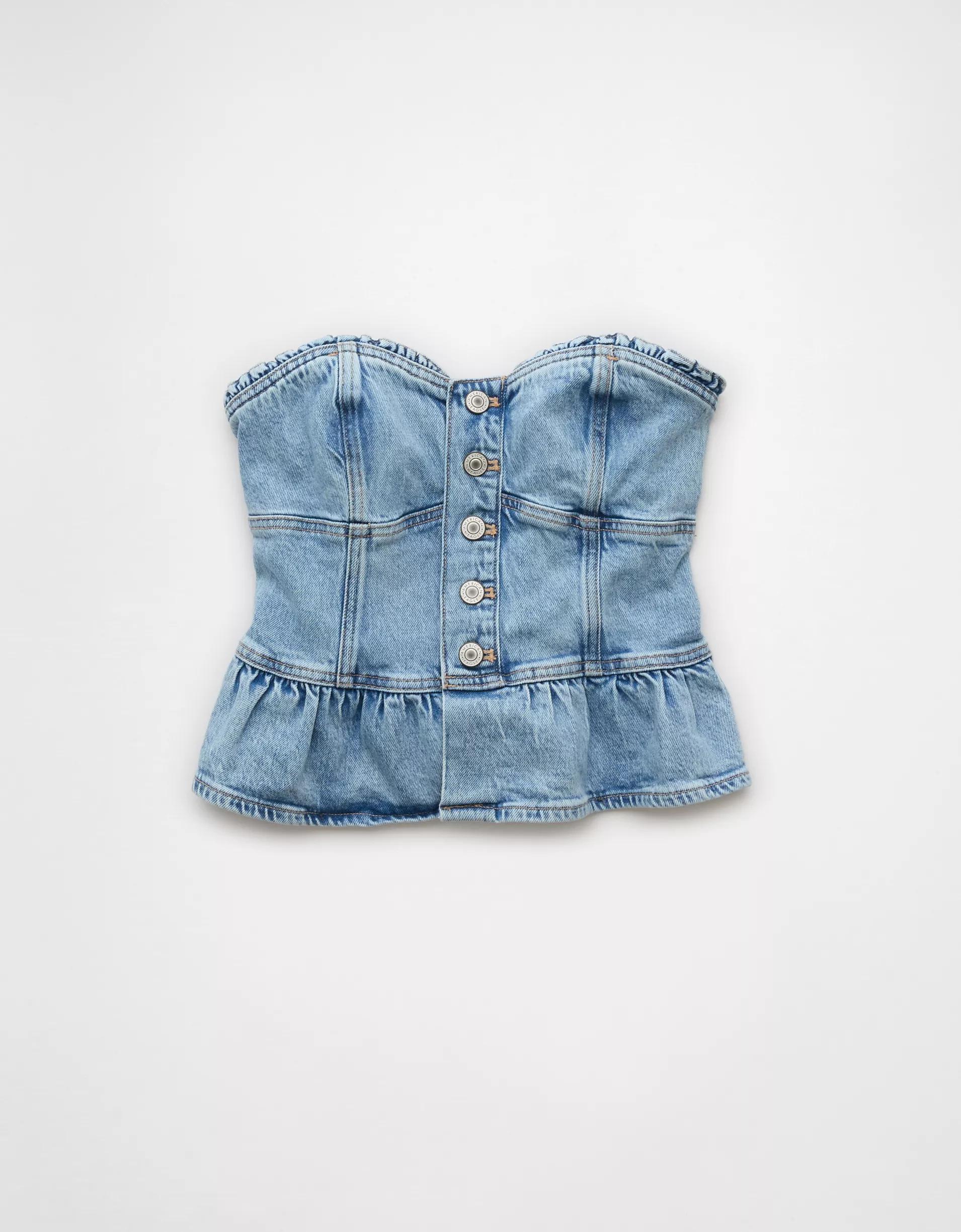 AE Denim Strapless Peplum Shirt Product Image