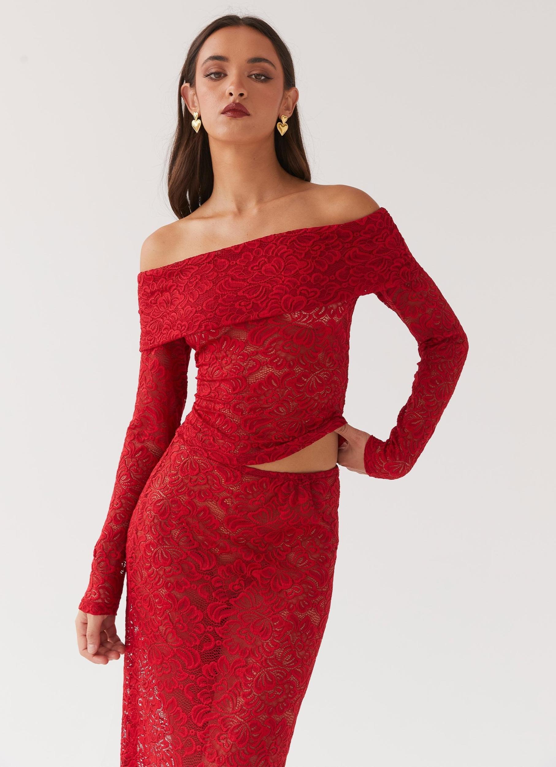 Zephyra Lace Long Sleeve Top - Red Product Image
