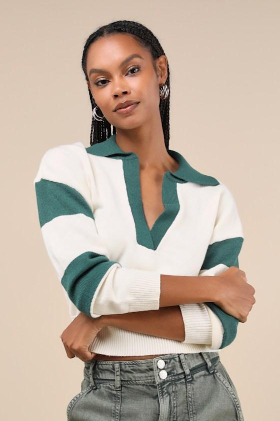 Posh Comfort Ivory and Green Collared Pullover Sweater Product Image
