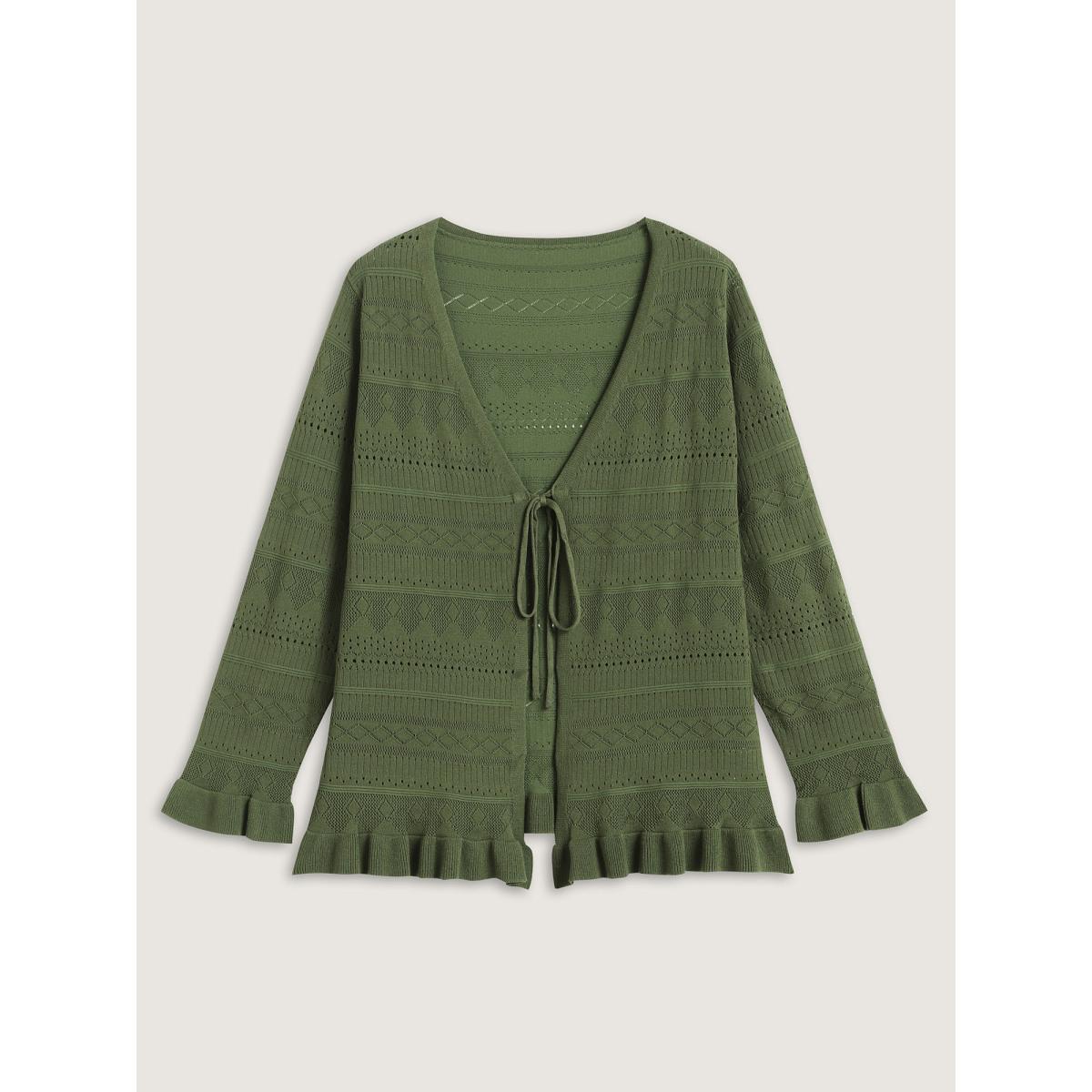 Plus Size Ruffled Hem Front Tie Textured Lightweight Cardigan ArmyGreen Women Timeless Loose Long Sleeve Elegant Cardigans BloomChic 28/5X Product Image