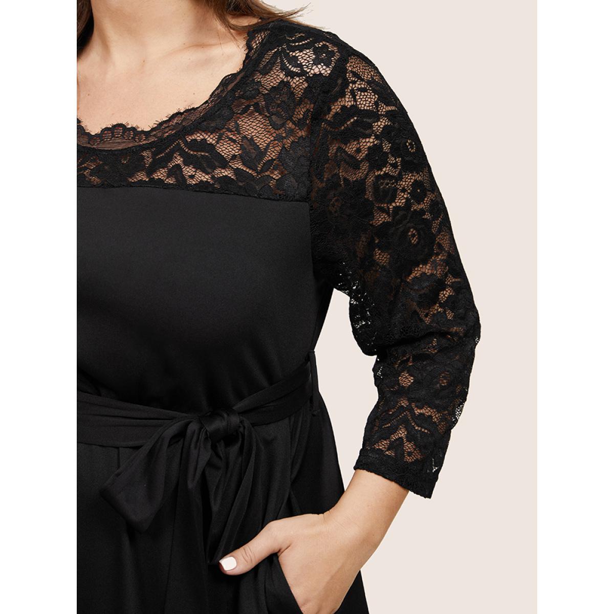 Plus Size Plain Crochet Lace Mesh Pocket Belted Dress Black Women Cocktail See through Round Neck Long Sleeve Curvy Midi Dress BloomChic 14-16/1X Product Image
