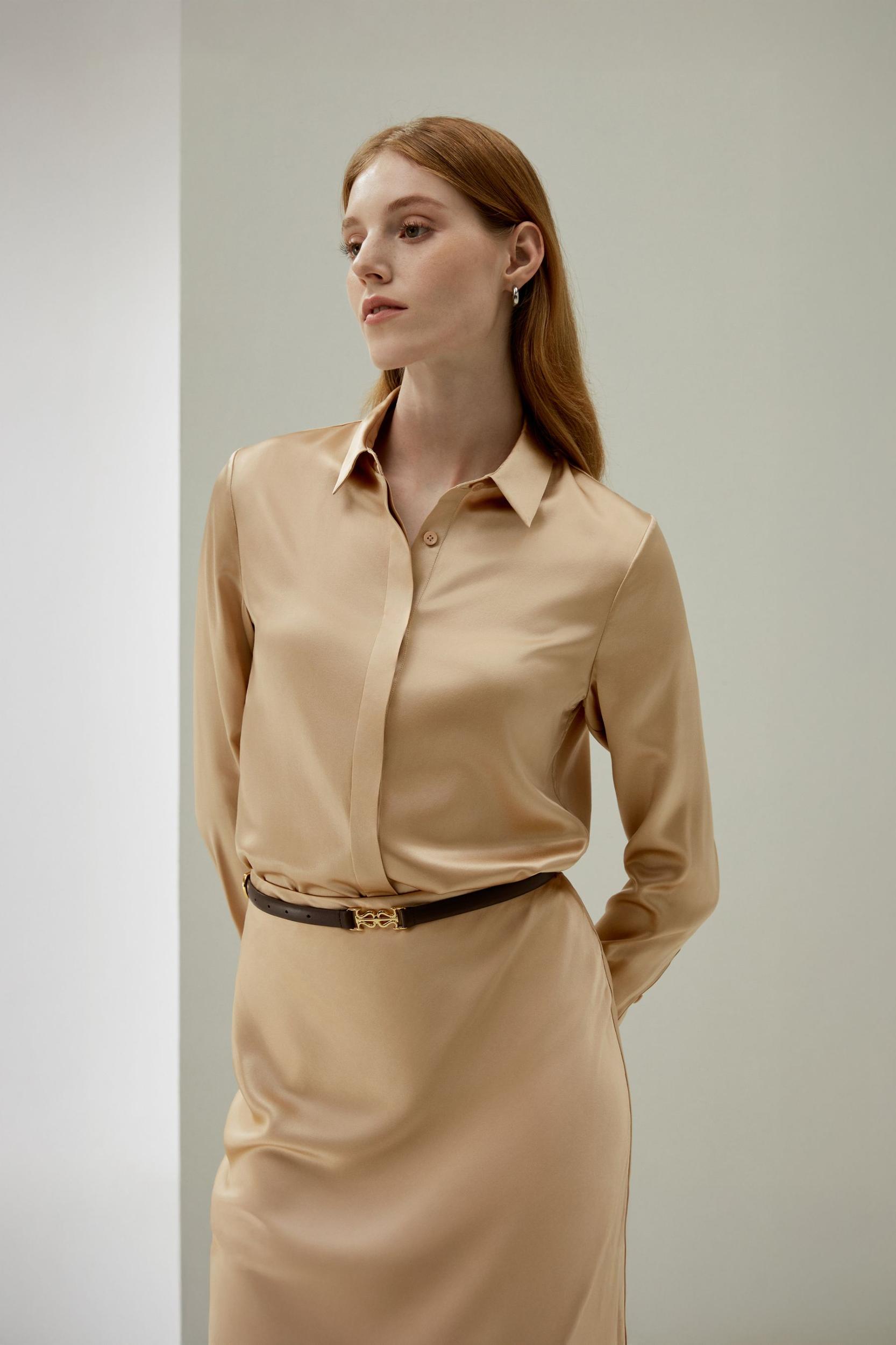 LILYSILK Silk Shirt Women - Dark Gray Mulberry Silk - Non-Toxic Dyes Concealed Mother-Of-Pearl Buttons Blouse Petite M Product Image