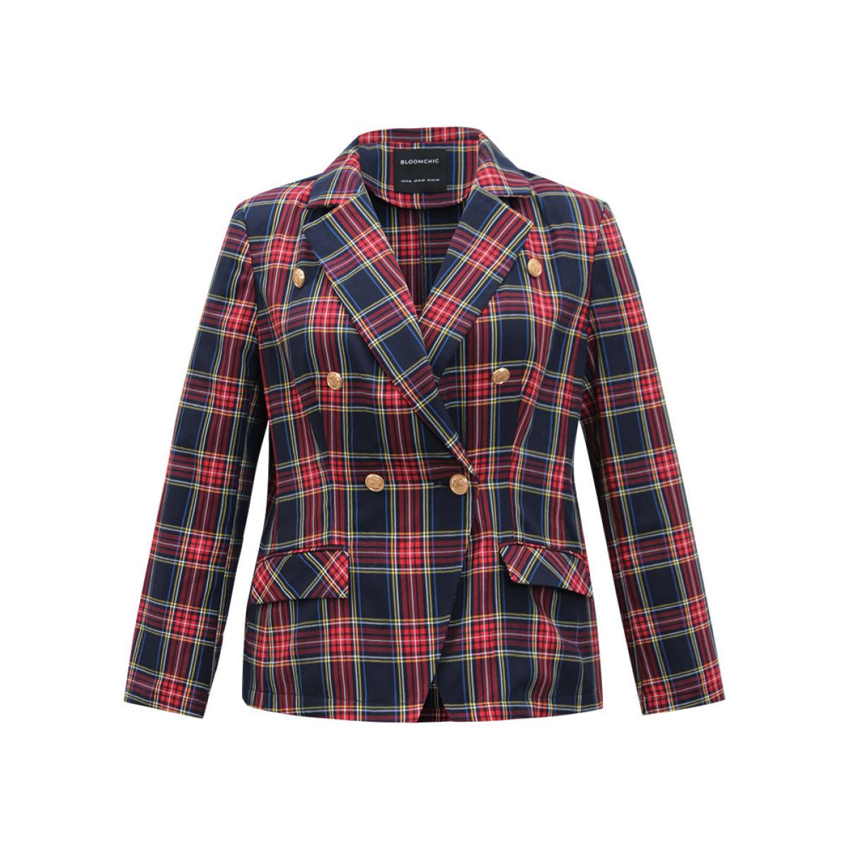 Plus Size Plaid Metal Detail Pocket Blazer Multicolor Women Dailywear Plaid Button Sleeve Long Sleeve Suit Collar 10/M Pocket Casual Blazers BloomChic Product Image