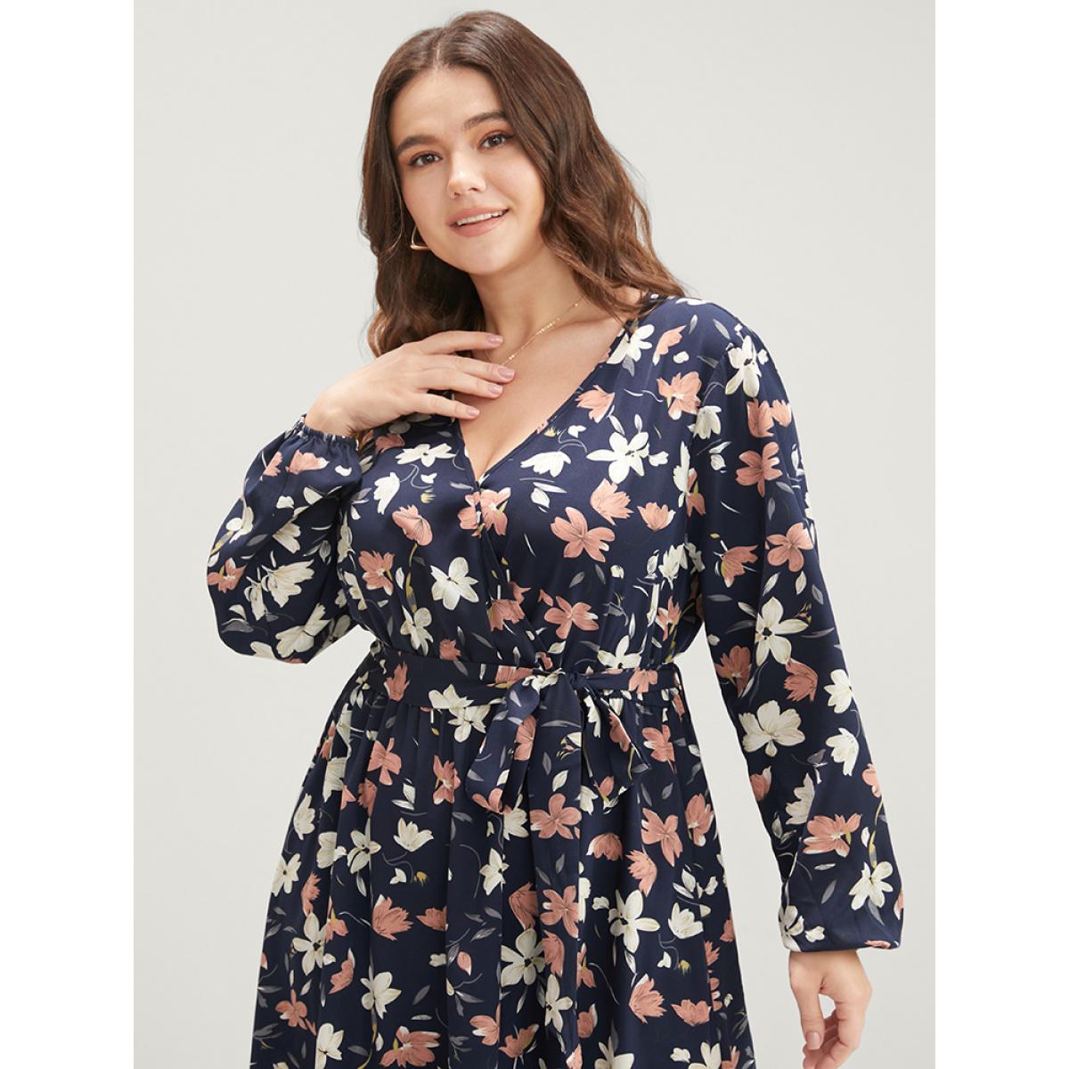 Plus Size Floral Printed Lantern Sleeve Pocket Belted Surplice Neck Dress DarkBlue Women Elegant Pocket V-neck Long Sleeve Curvy Midi Dress BloomChic 30/6X Product Image