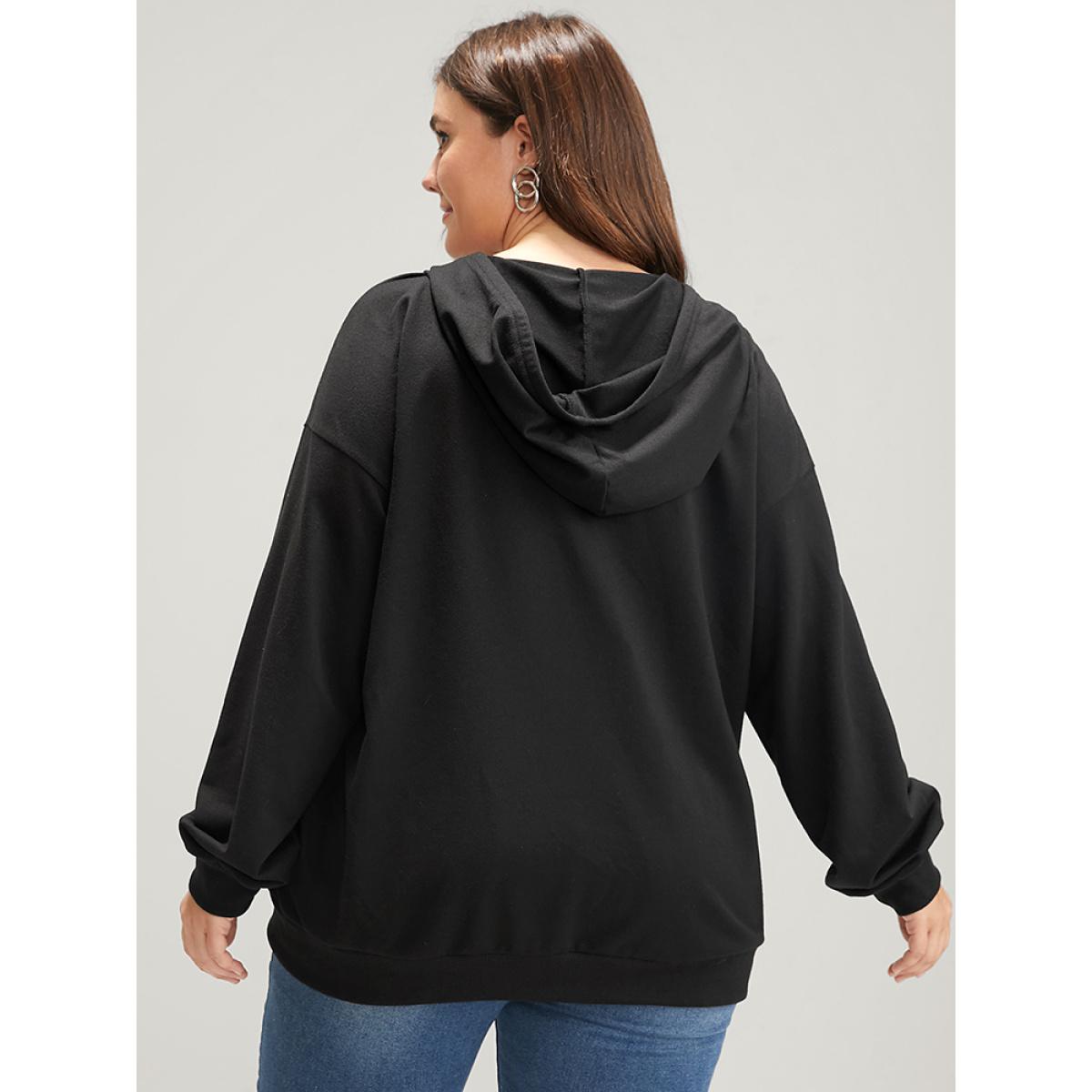 Plus Size Solid Zipper Front Pocket Drawstring Hooded Sweatshirt Women Black Casual Zipper Hooded Dailywear Sweatshirts BloomChic 30/6X Product Image