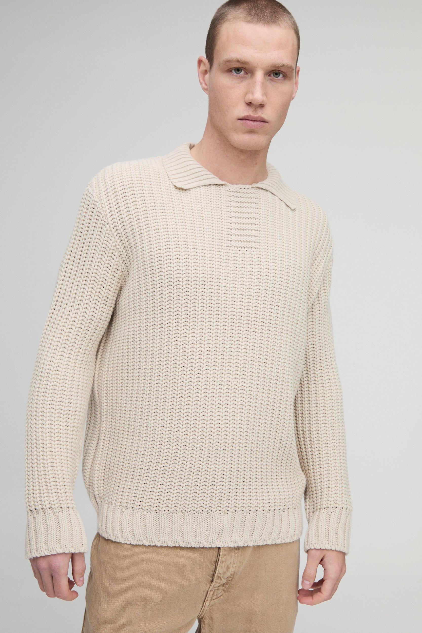 Oversized Chunky Placket Detail Knitted Polo | boohooMAN USA Product Image