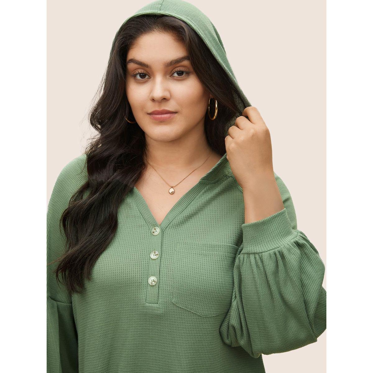Plus Size Waffle Knit Hooded Lantern Sleeve Patched Pocket Sweatshirt Women Mint Casual Texture Hooded Everyday Sweatshirts BloomChic 14-16/1X Product Image