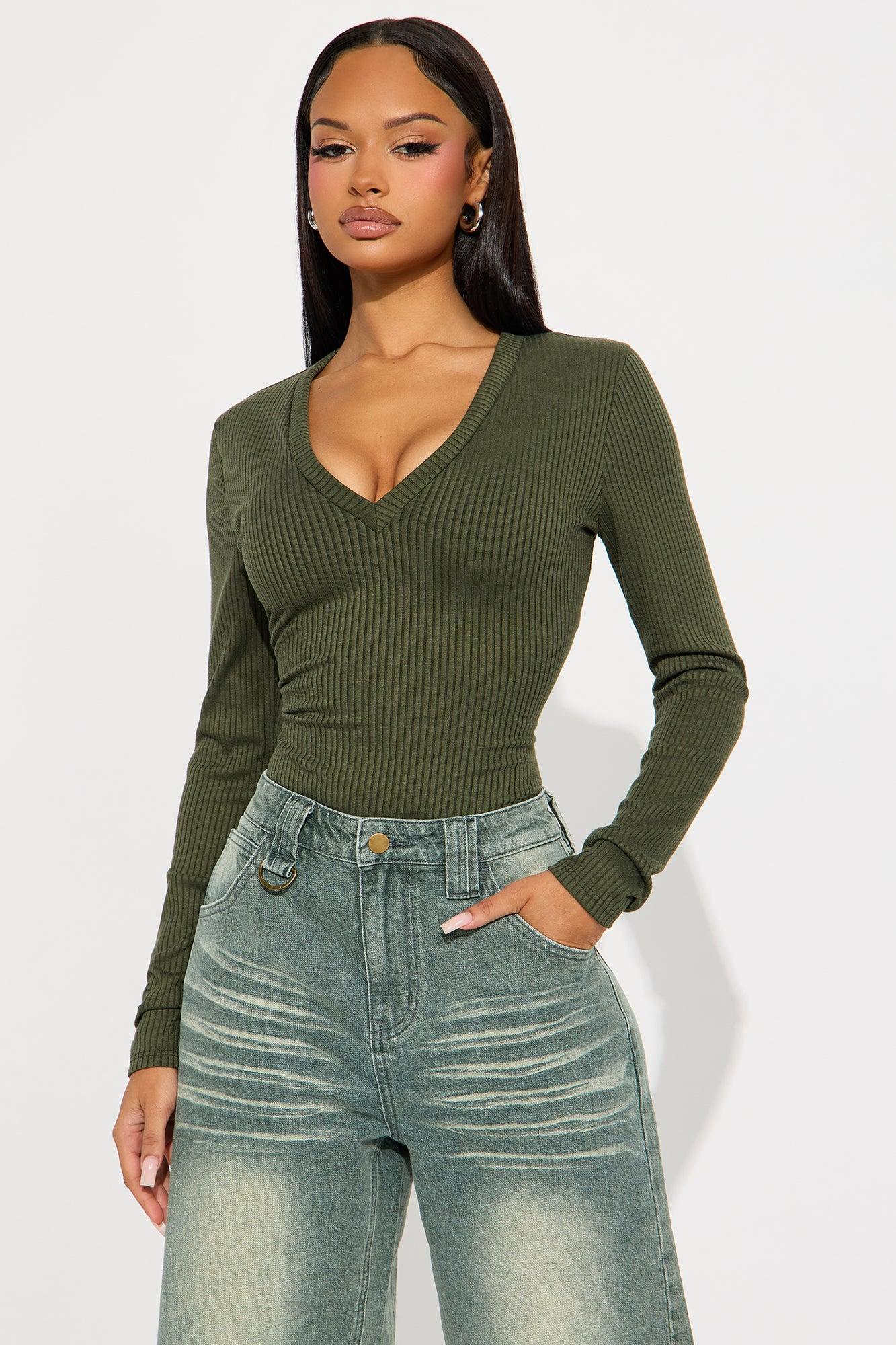 Alora Ribbed Long Sleeve Bodysuit - Olive Female Product Image