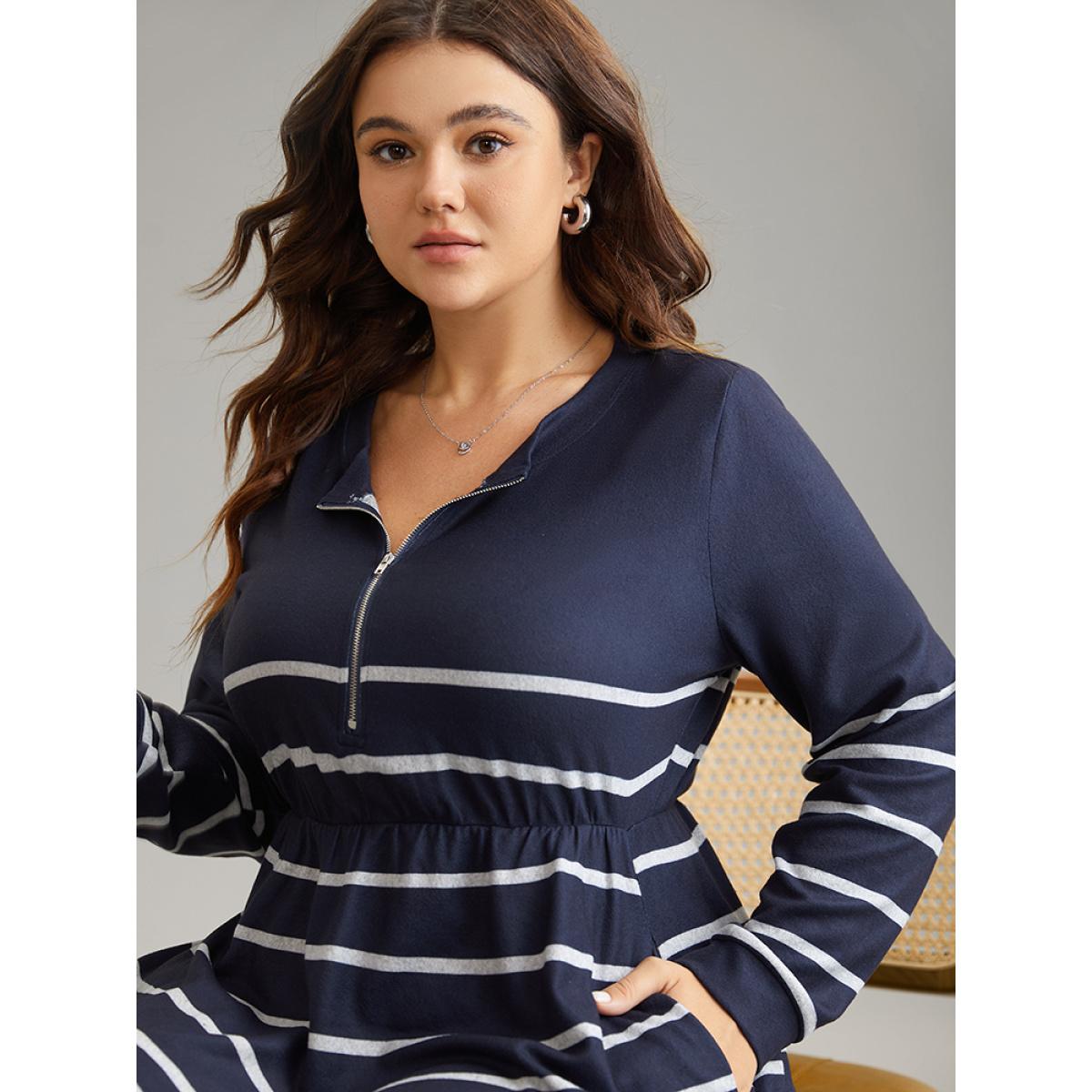 Plus Size Striped Elastic Waist Pocket Zipper Dress DarkBlue Women Casual Printed Round Neck Long Sleeve Curvy Midi Dress BloomChic 22-24/3X Product Image