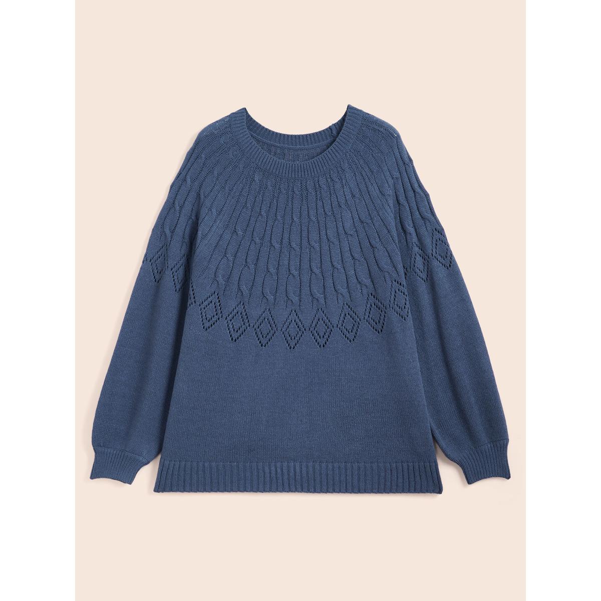 Plus Size Texture Cable Knit Lantern Sleeve Pullover Indigo Women Casual Loose Long Sleeve Round Neck Everyday Pullovers BloomChic 30/6X Product Image