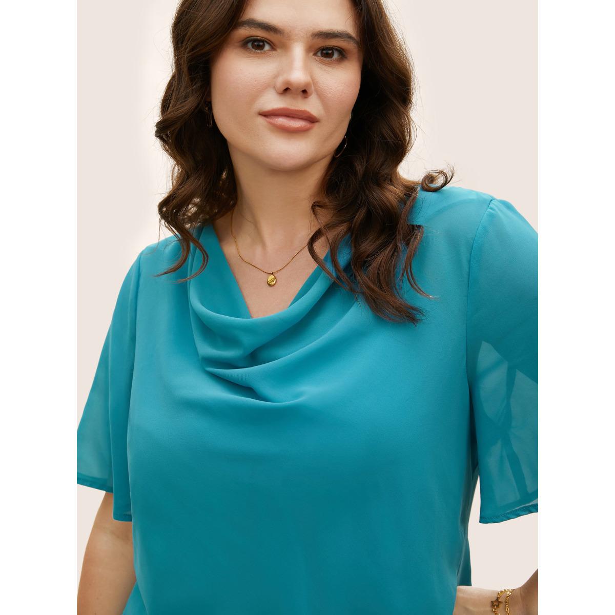 Plus Size Cerulean Cowl Neck Chiffon Mesh Flutter Sleeve Blouse Women Work From Home Half Sleeve Cowl Neck Work Blouses BloomChic 14-16/1X Product Image
