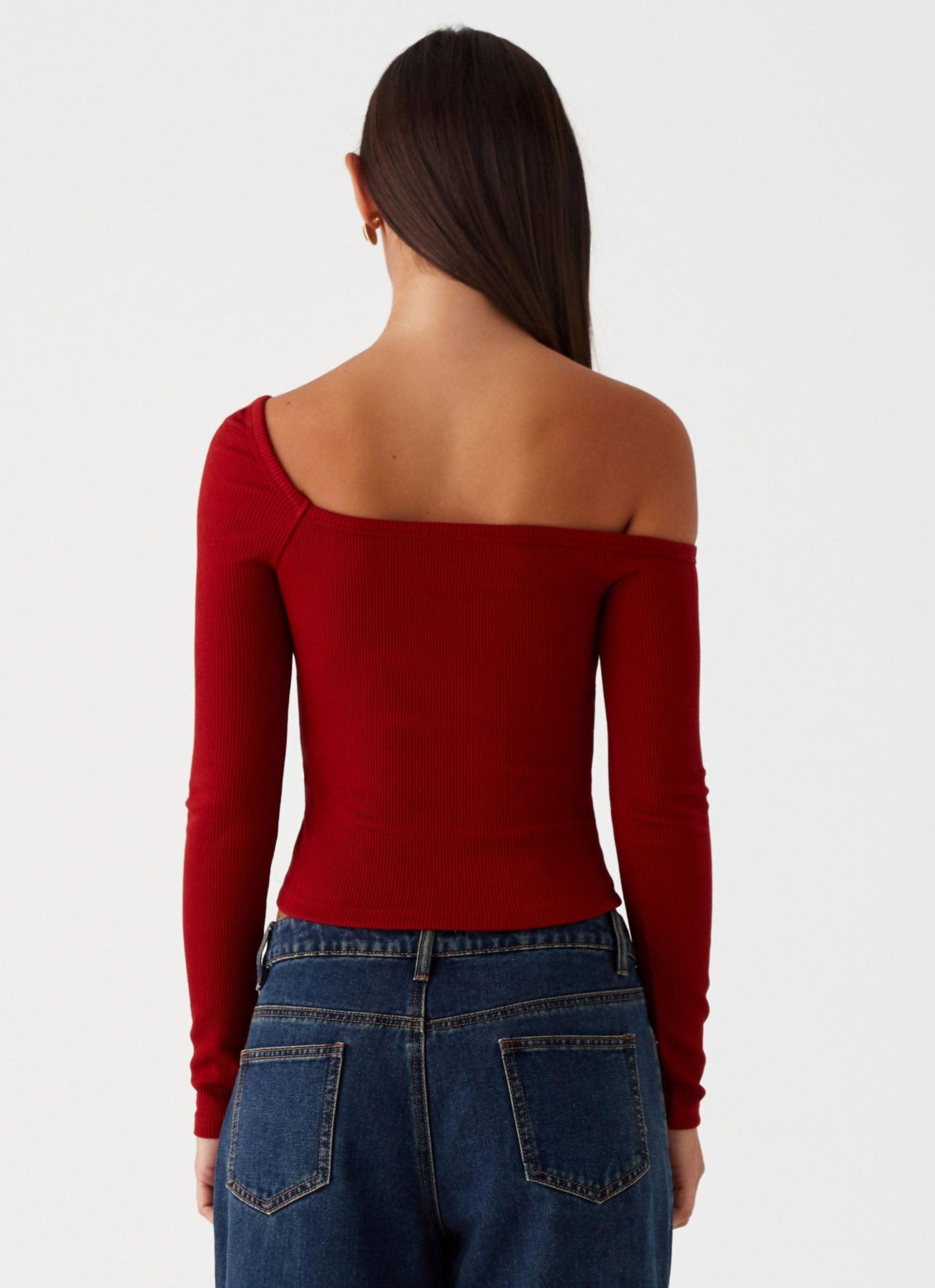 Talia Asymmetric Long Sleeve Top - Red Product Image