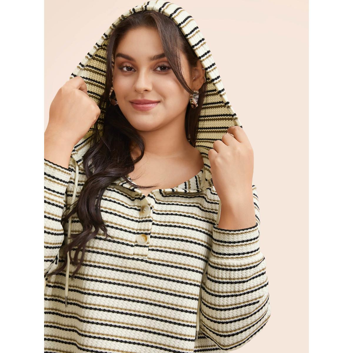 Plus Size Striped Texture Raglan Sleeve Hooded T-shirt Multicolor Women Casual Texture Hooded Everyday T-shirts BloomChic 26/4X Product Image
