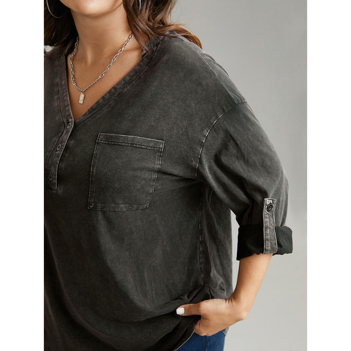 Plus Size Vintage Roll Tab Sleeve Button Up T-shirt Black Women Casual Plain Plain V-neck Dailywear T-shirts BloomChic 18-20/2X Product Image